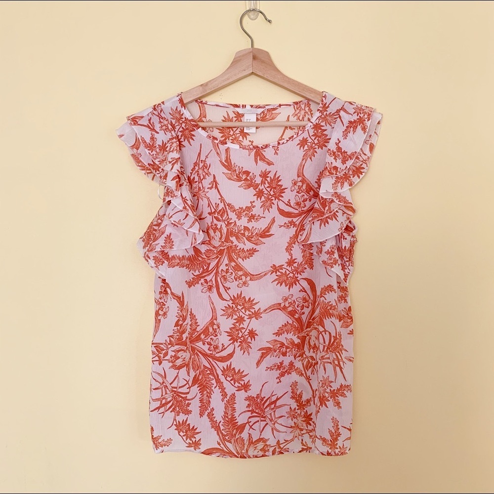 LAST CALL • ECWO • Flutter Sleeve Coral Floral Print Blouse Top